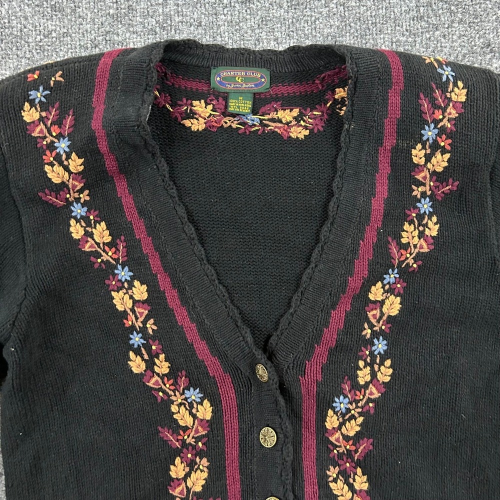 Charter Club Cardigan Womens M Black Floral Embroidered Cotton Knit Button Up